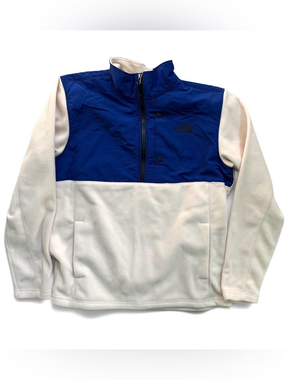 North Face Half-Zip Fleece Pullover Jacket Men’s Large Cream & Blue Black Logo